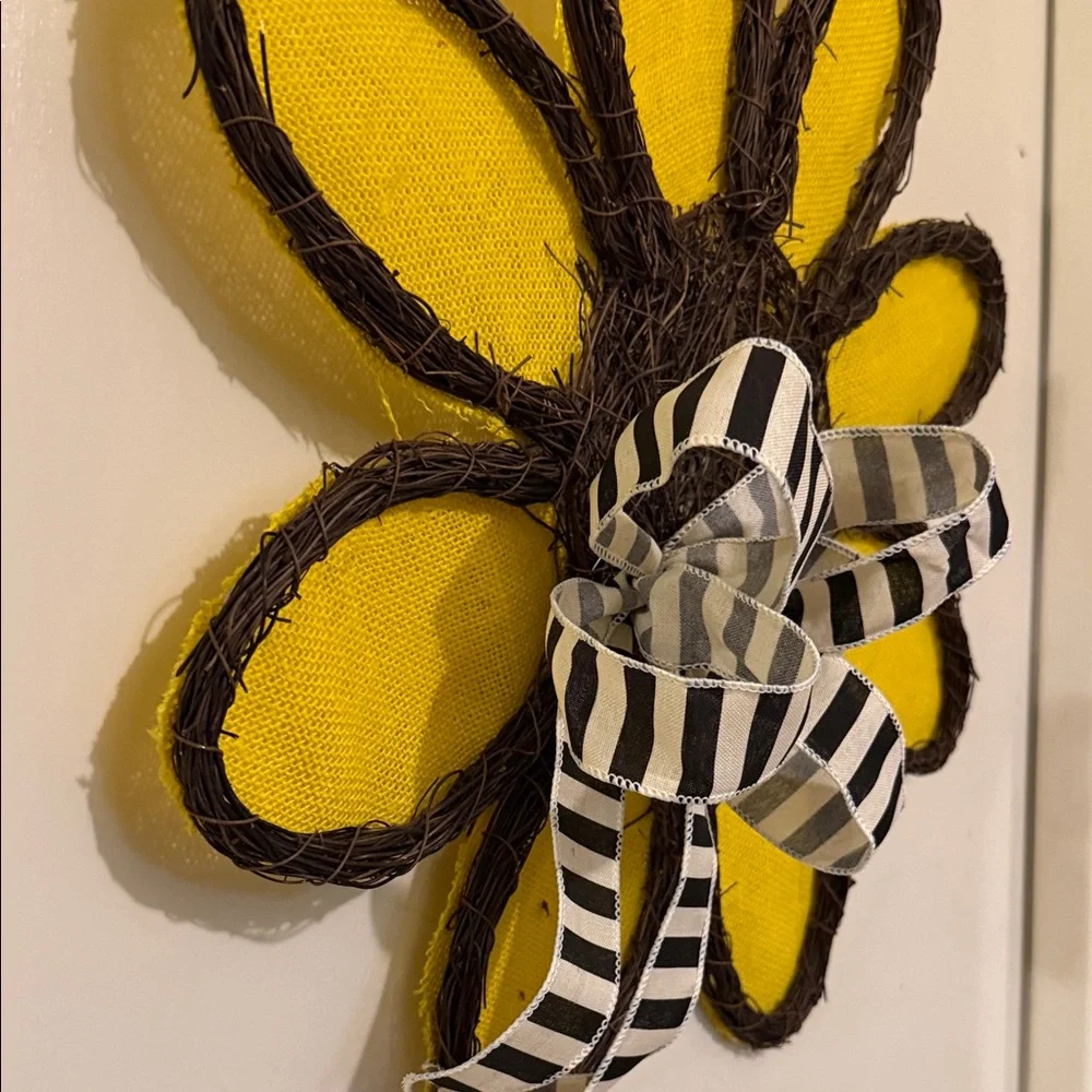 Sunflower Everyday Door Hanger with Yellow Petals and Striped Bow💕